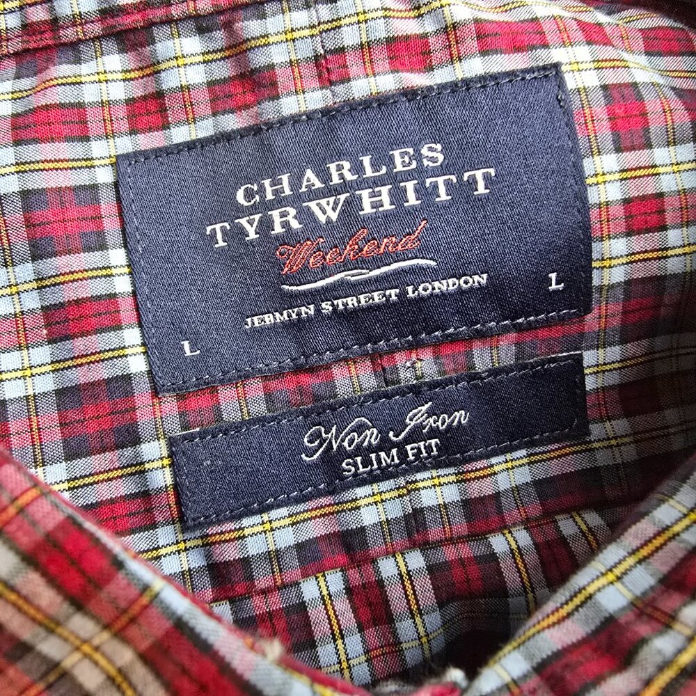 Charles Tyrwhitt Shirt Mens Large Red Plaid Non Iron Slim Fit Button Up Weekend - Picture 7 of 8